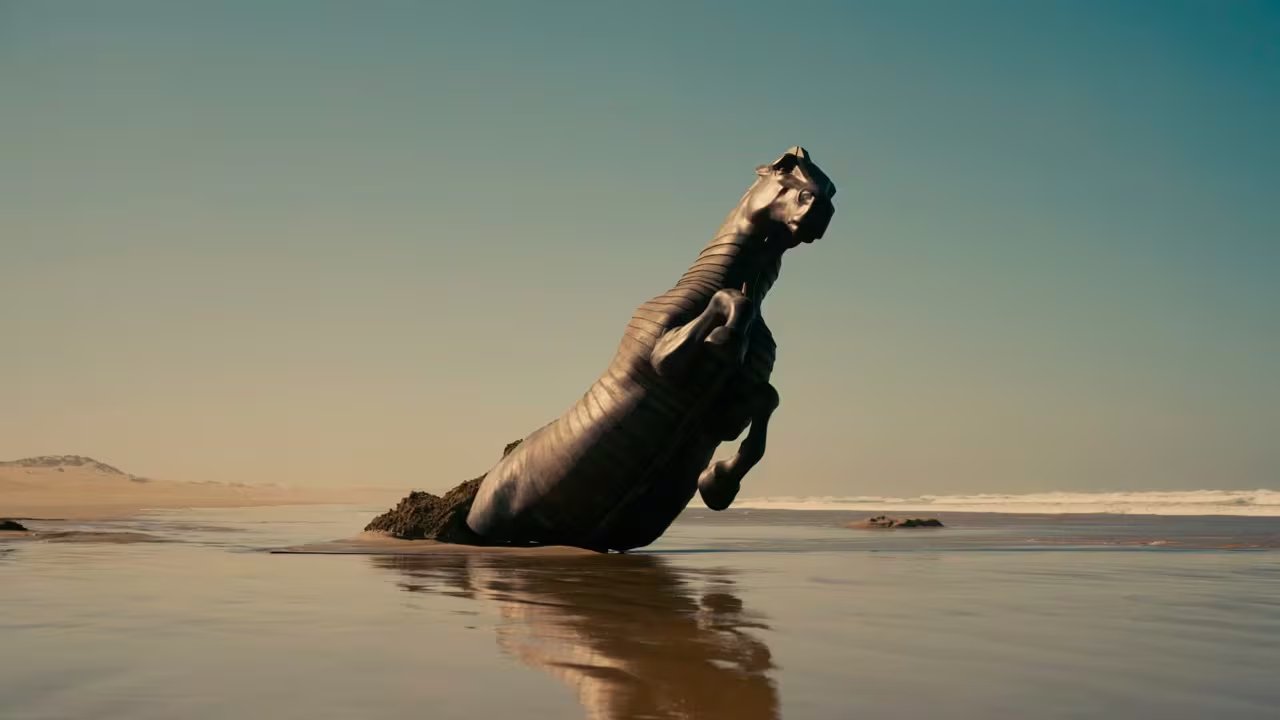 Una escultura de gran tamaño que representa el Caballo de Troya emerge de la arena en las playas de Essaouira, Marruecos, durante la grabación de la película 'La Odisea'