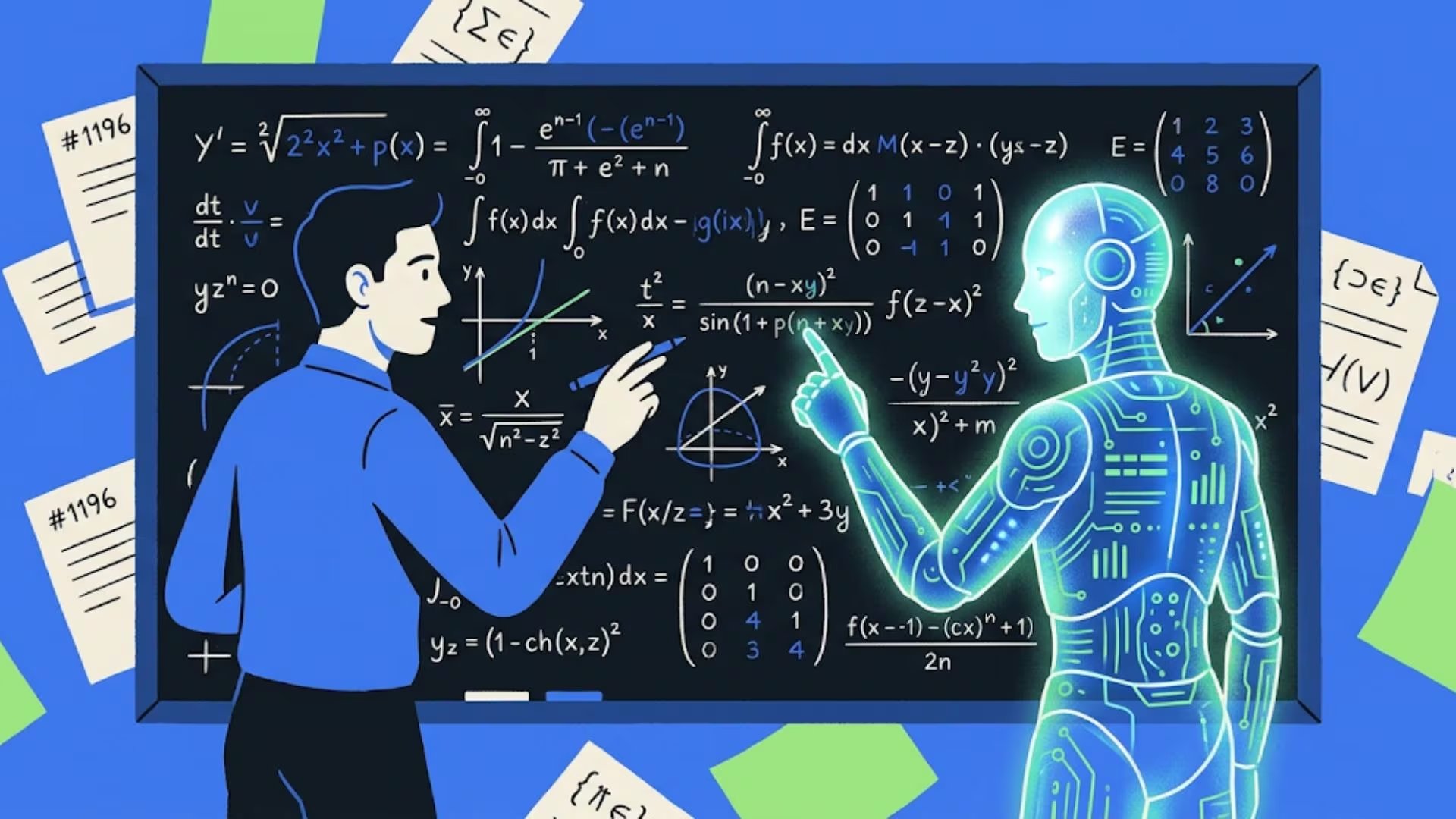 Una ilustración conceptual muestra a un humano y una IA colaborando ante una pizarra con fórmulas matemáticas, simbolizando la sinergia en la resolución de problemas complejos. (Imagen Ilustrativa Infobae)