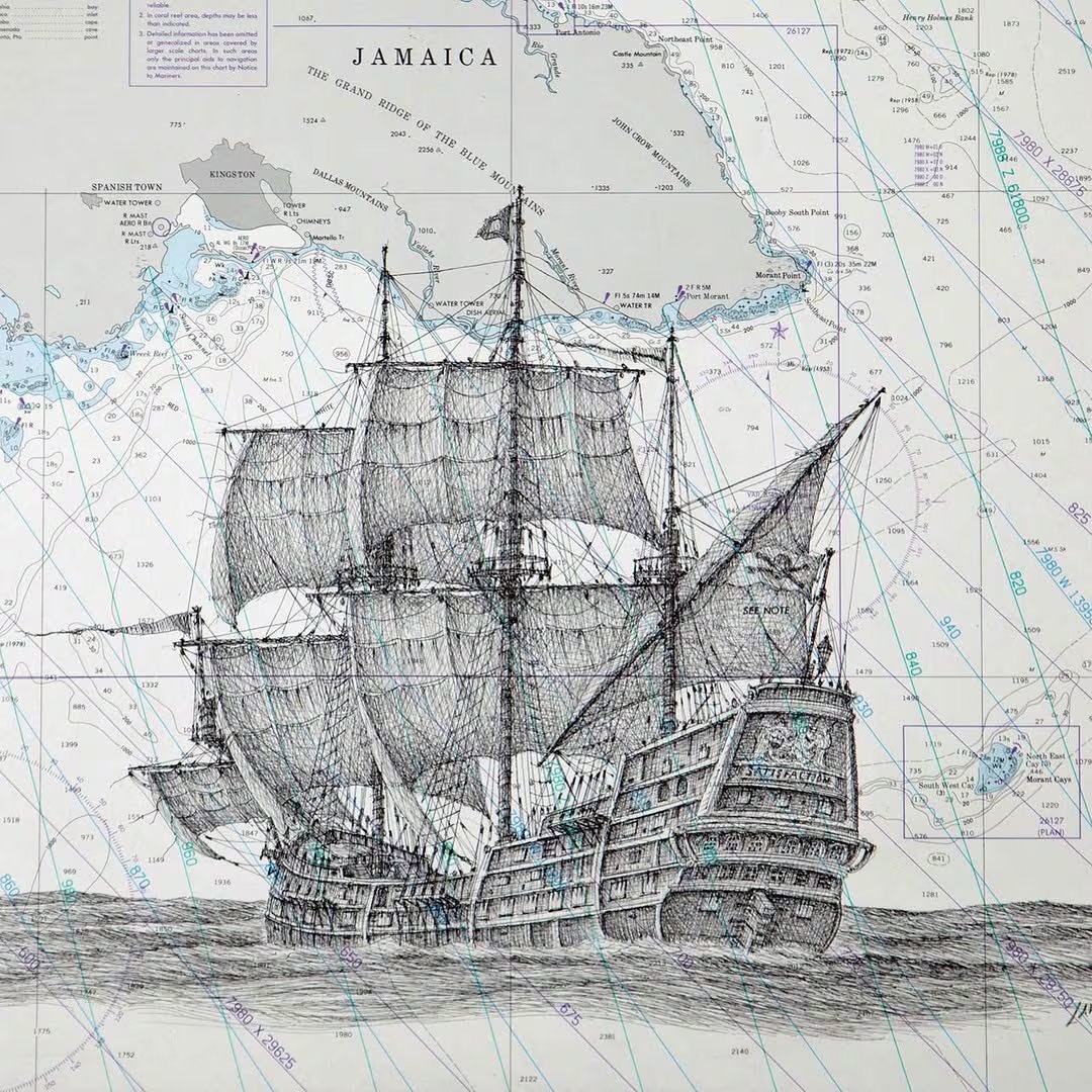 Dibujo a pluma y tinta del barco Satisfaction del capitán Henry Morgan (Instagram/packardnauticalart)
