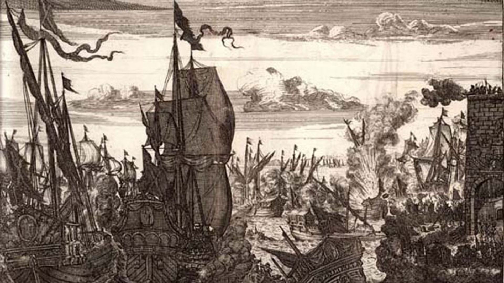 Grabado que representa la batalla naval de Maracaibo (1669) y es parte de la obra 