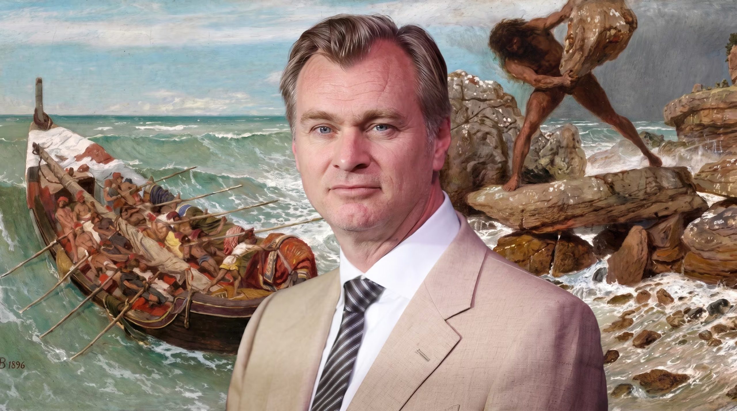 Christopher Nolan posa con el cuadro