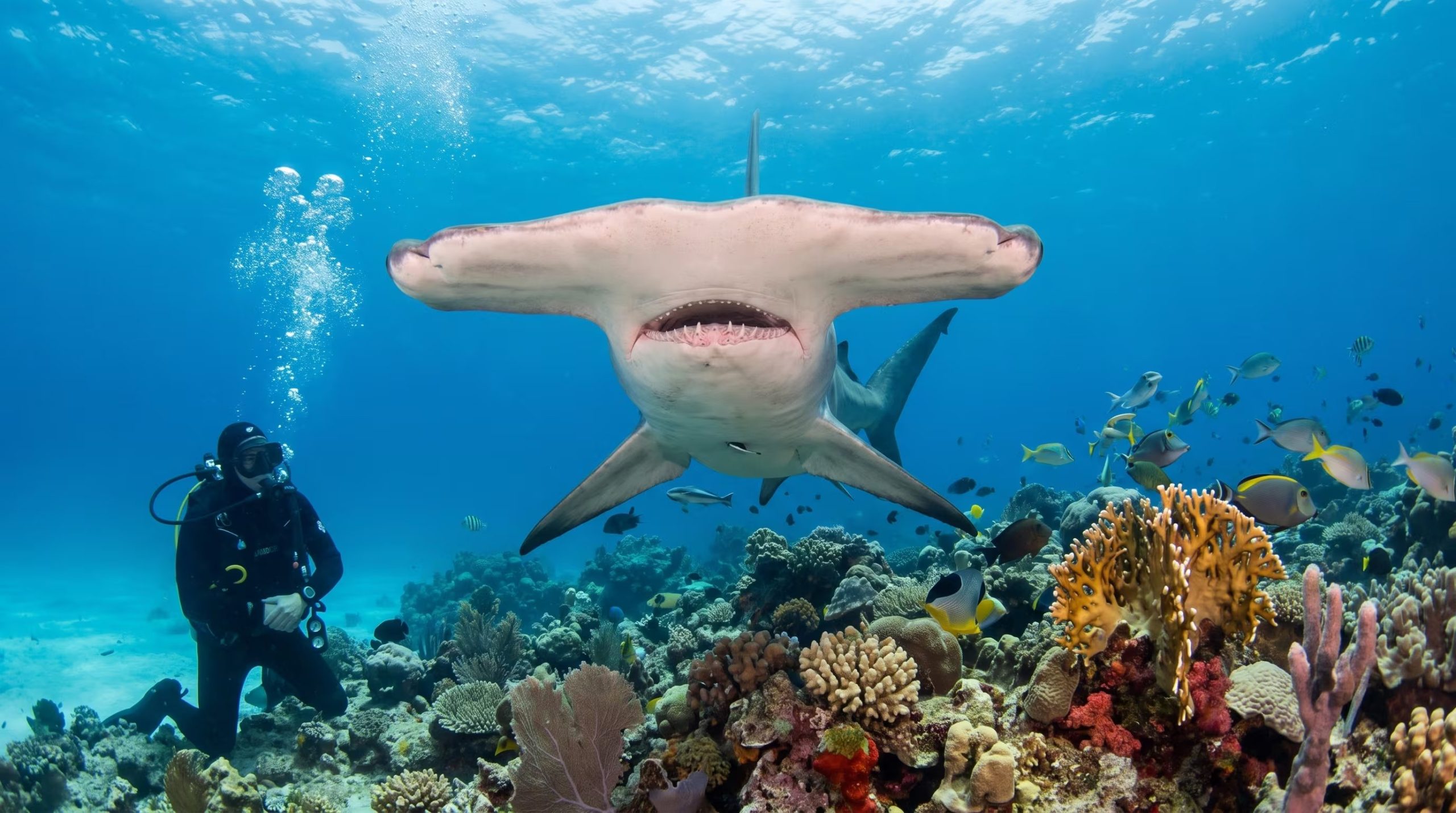 Un tiburón martillo nada de frente a un buzo junto a un arrecife de coral con peces de colores. (Imagen Ilustrativa Infobae)