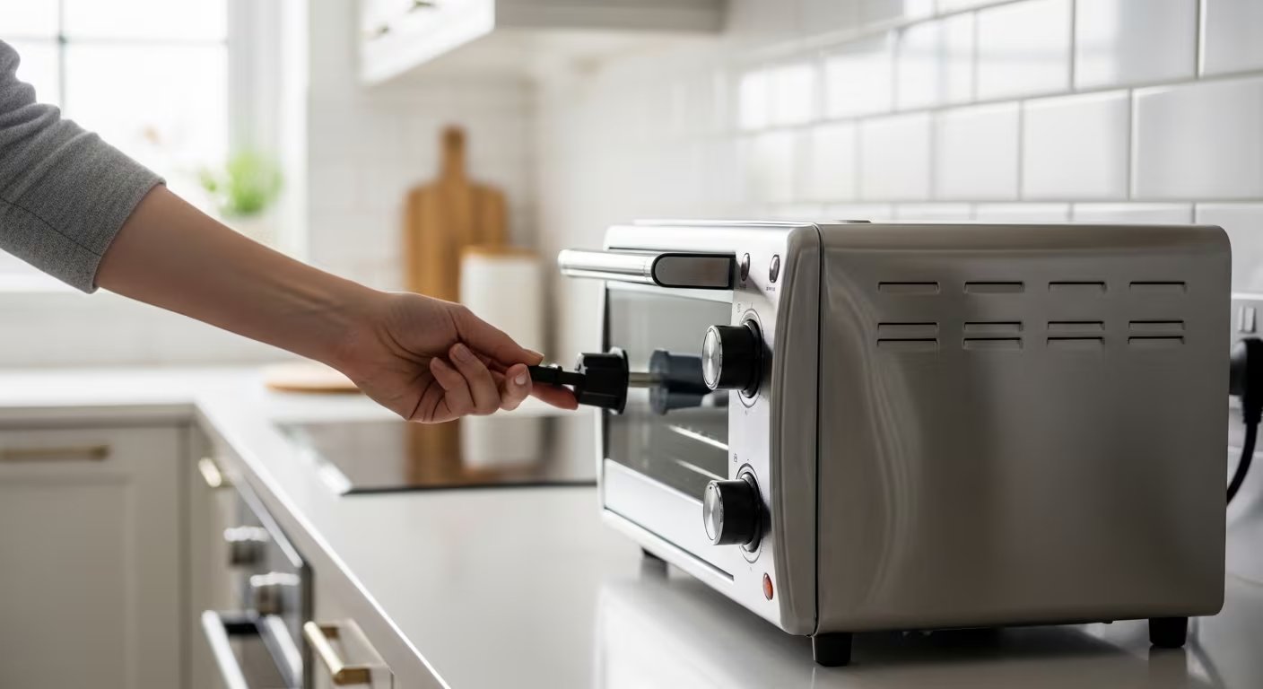 Una persona desenchufa con cuidado el cable de un horno tostador eléctrico de un tomacorriente en una cocina moderna. (Imagen Ilustrativa Infobae)