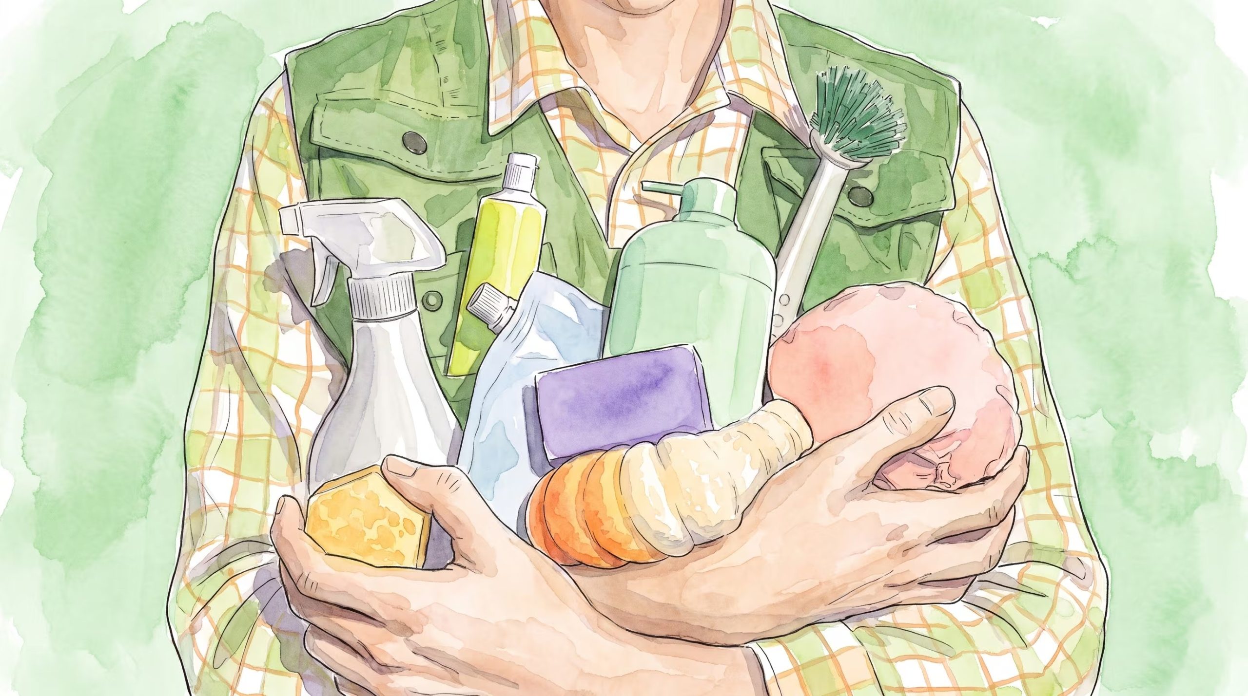 Una persona sujeta con ambos brazos varios productos de limpieza doméstica, como botellas pulverizadoras, jabones y cepillos. (Imagen Ilustrativa Infobae)