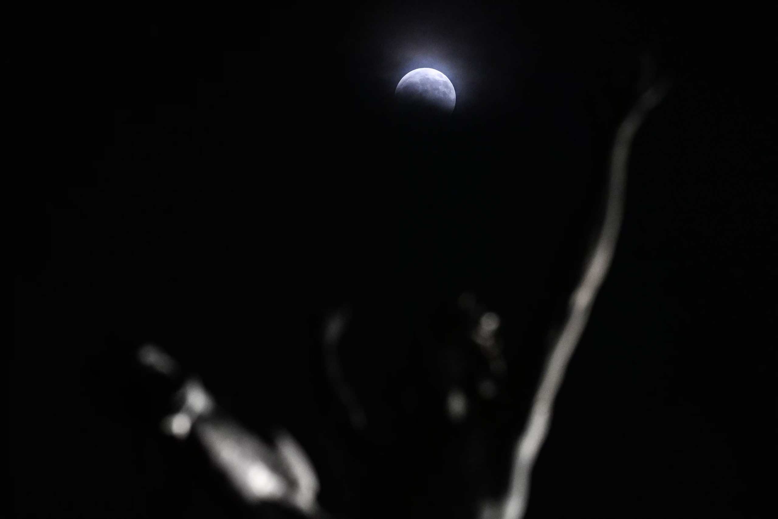 La Luna entra en la umbra de la Tierra durante un eclipse lunar parcial, sobre una estatua en el Palacio de Bellas Artes de la Ciudad de México, el 27 de agosto de 2026 (Yuri CORTEZ/AFP)
