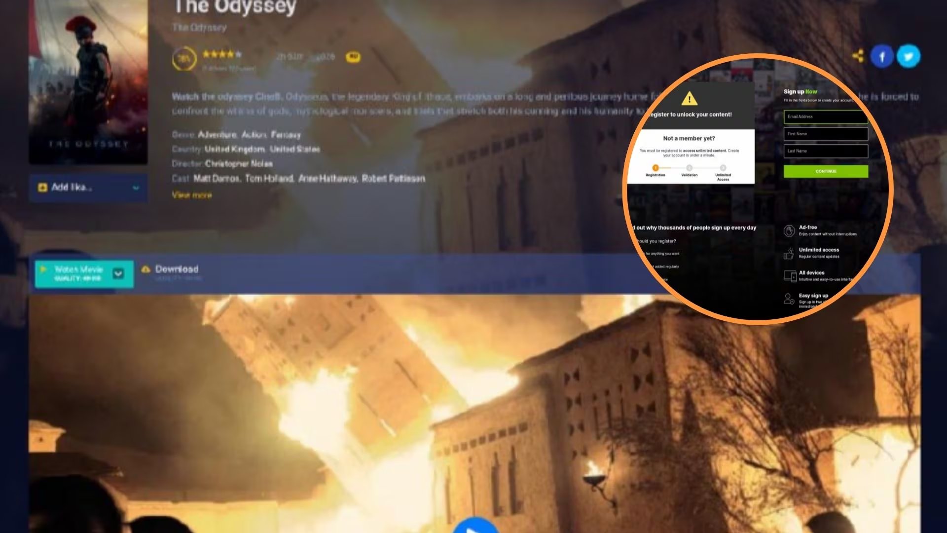 Imagen de una web fraudulenta ofreciendo ver 'La Odisea'. (Kaspersky)