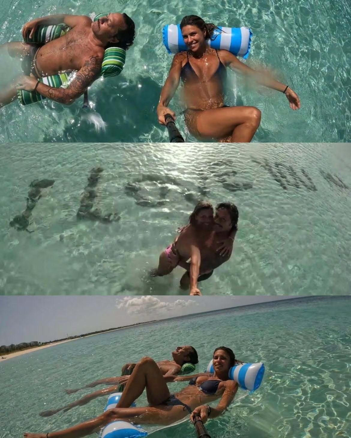 Diego Torres y Martina Díaz Radonic, recostados sobre colchonetas inflables en aguas cristalinas del Caribe. En el fondo arenoso, una inscripción formada con piedras que reza