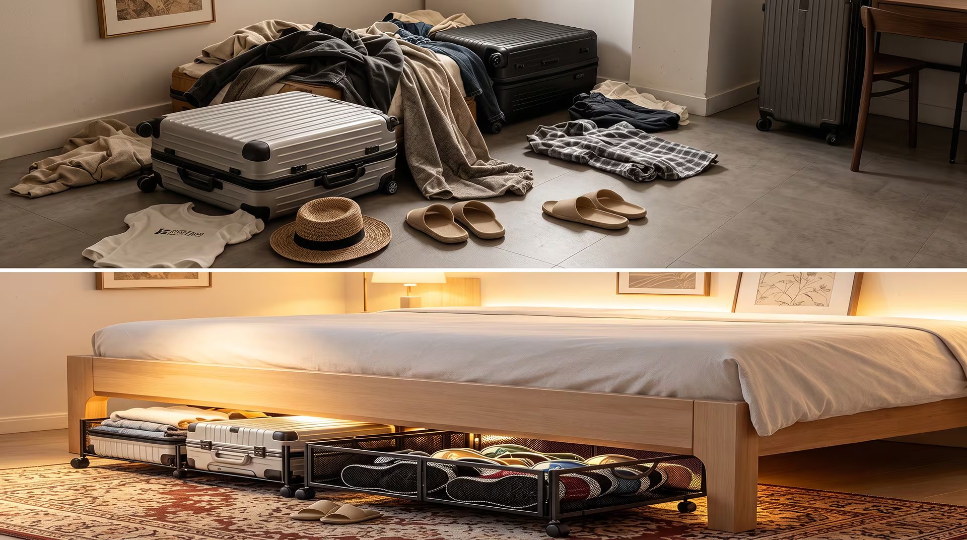 A diferencia del estante alto del placard, el espacio bajo la cama se accede agachándose, lo que lo convierte en el lugar ideal para objetos que se necesitan con cierta regularidad
