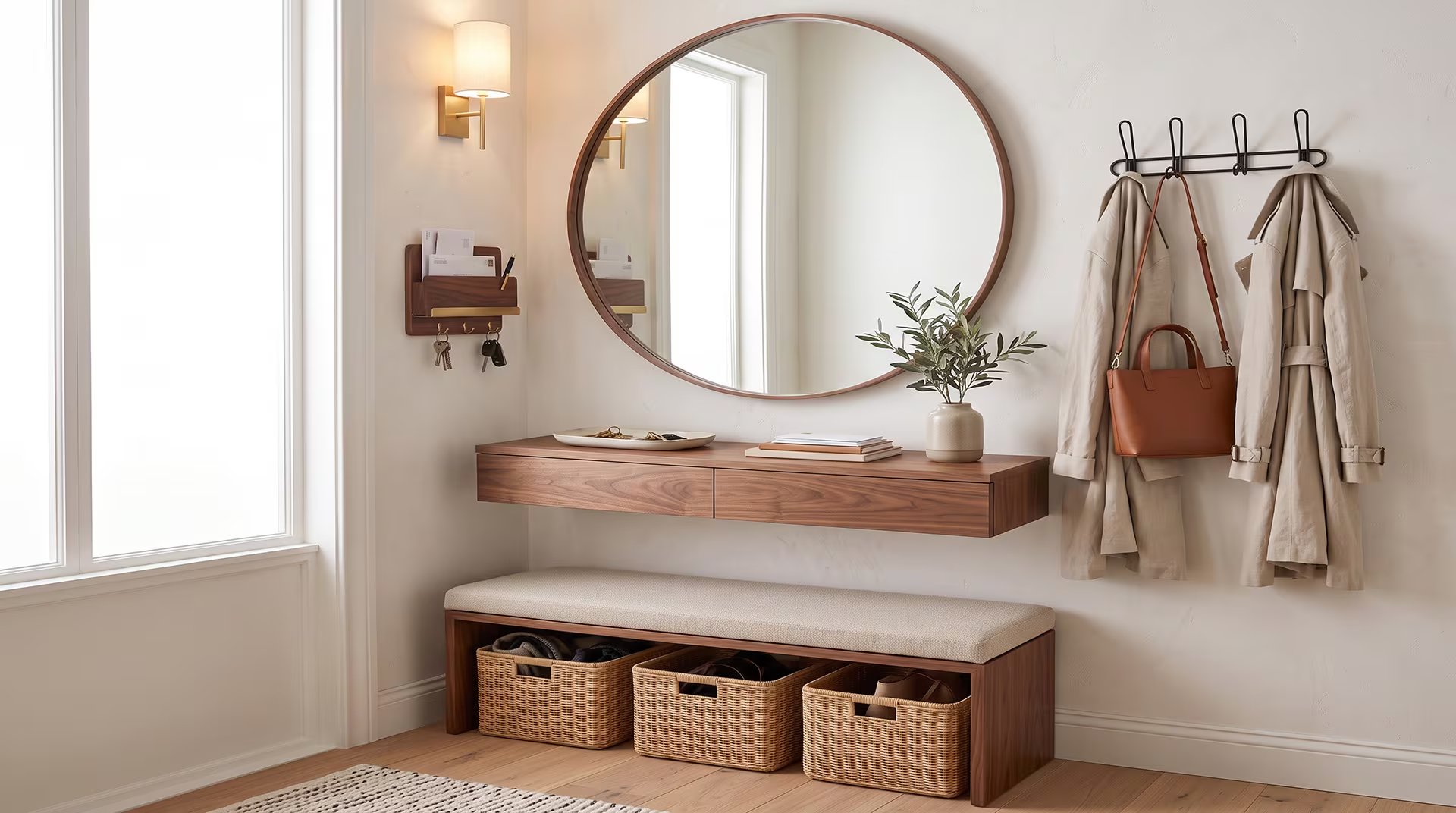 El genkan japonés es la zona de transición entre el exterior y el interior. En un departamento moderno, se replica con un mueble de zapatos con puertas, un bowl para llaves y una regla: un par por persona fuera del mueble