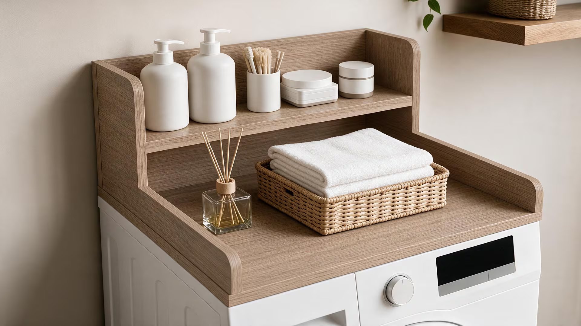La diferencia entre apilar cosas sobre la tapa del lavarropas y tener un mueble con estantes definidos es estructural: cada objeto tiene su lugar y la tapa queda libre para abrirse sin mover nada