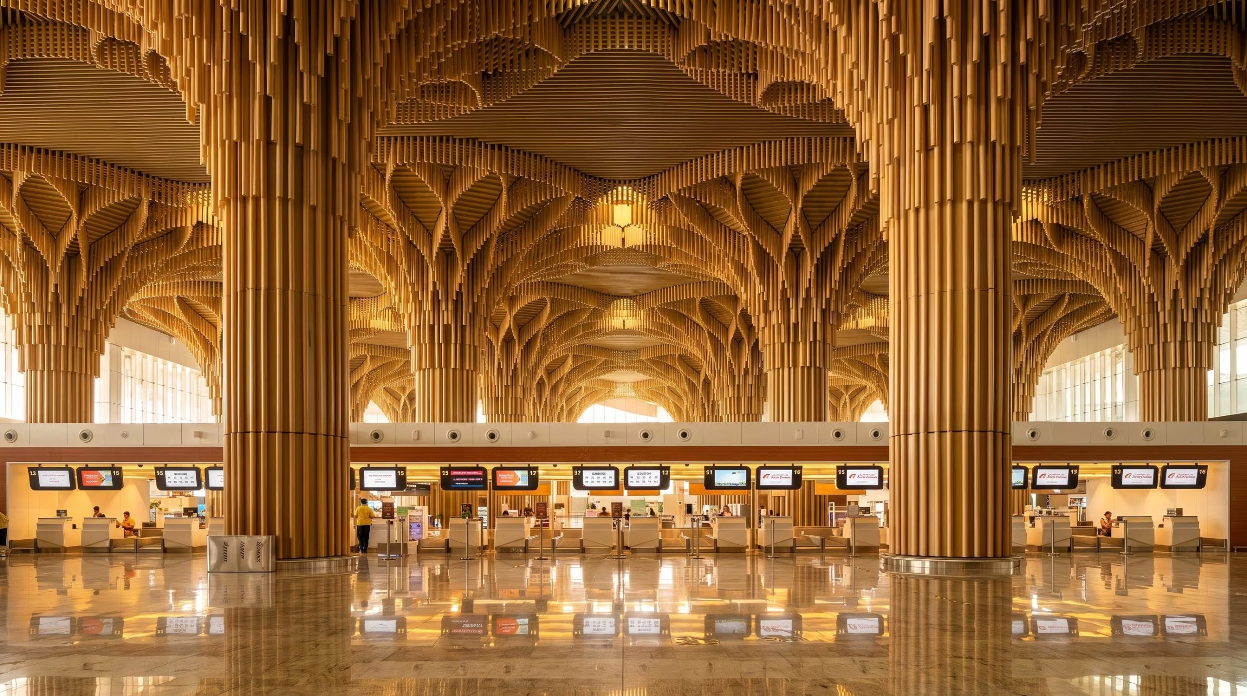 Varios mostradores de atención al pasajero funcionan bajo un techo con columnas y estructuras de madera en la terminal de un aeropuerto. (Imagen Ilustrativa Infobae)