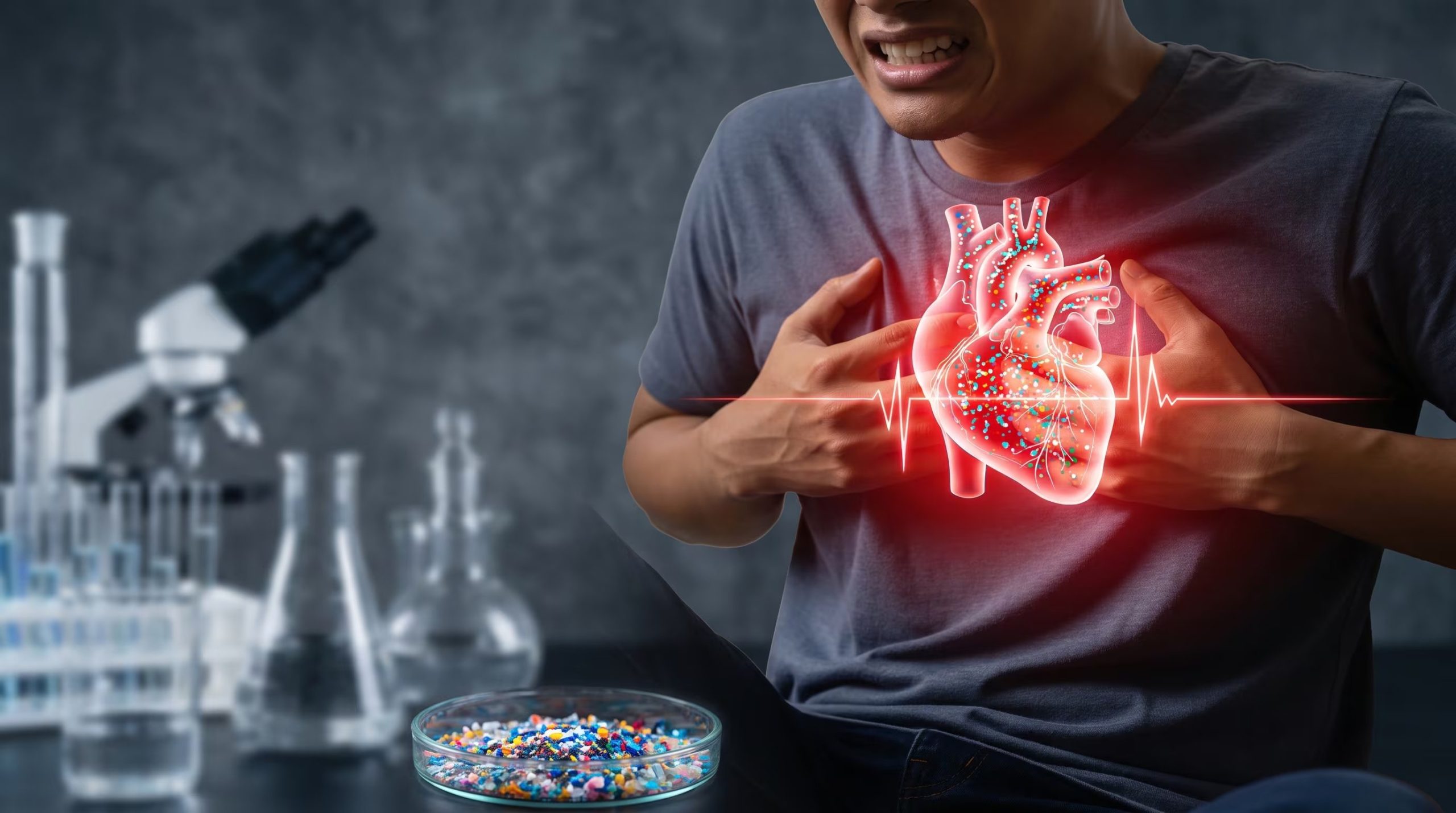 Una ilustración médica muestra microplásticos en un corazón humano y su relación con el dolor torácico, ambientada en un laboratorio de investigación. (Imagen Ilustrativa Infobae)