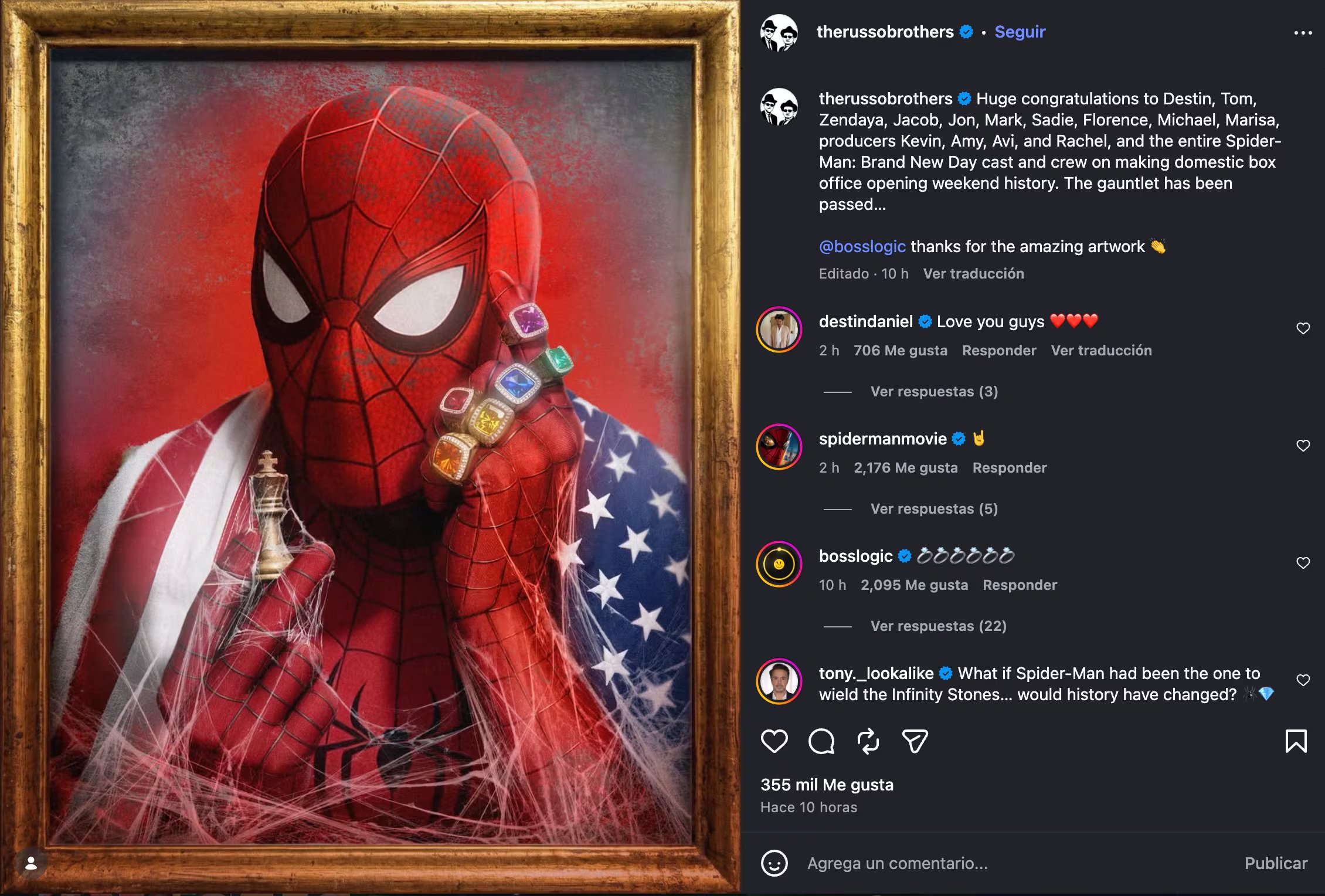 Los hermanos Russo felicitaron en Instagram al equipo de la película y afirmaron que “el guantelete ha sido pasado” tras el nuevo récord de taquilla 
(Créditos: Instagram/therussobrothers) 