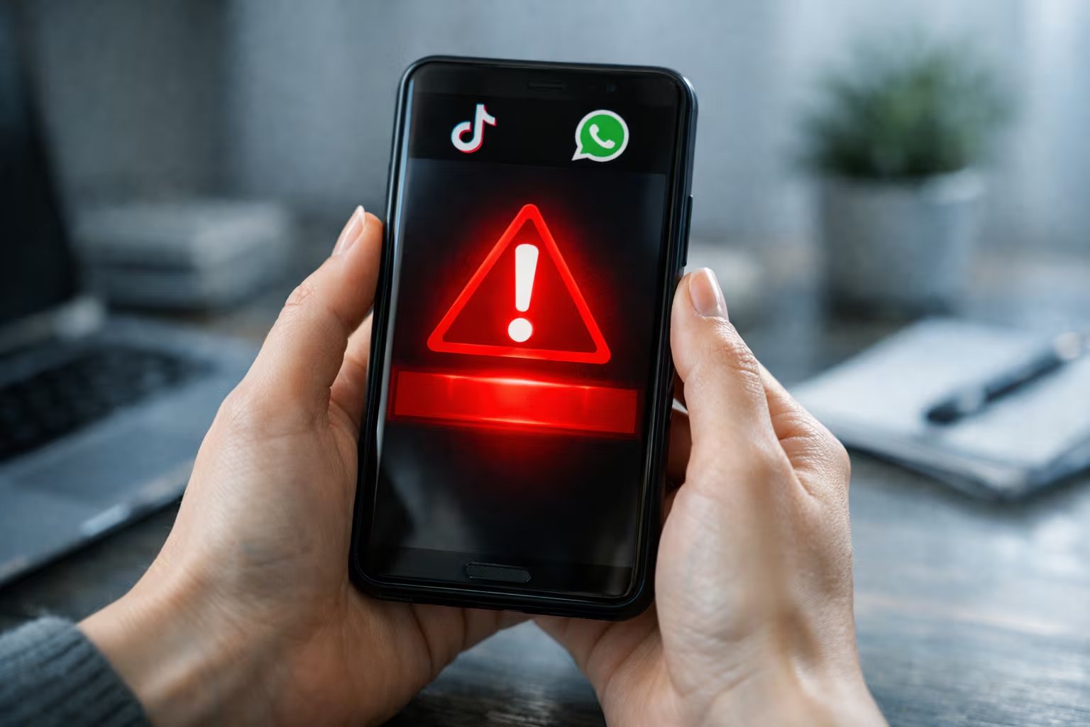 Manos sostienen un teléfono móvil que exhibe una señal de advertencia en rojo y los logotipos de TikTok y WhatsApp en la pantalla, sobre un fondo de escritorio desenfocado. (Imagen Ilustrativa Infobae)