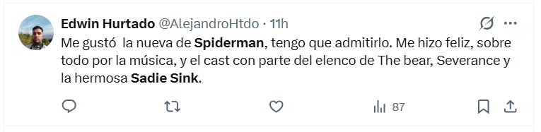 Los seguidores comparten su opinión sobre la película de Spiderman y su elenco, con mención a Sadie Sink. (X)