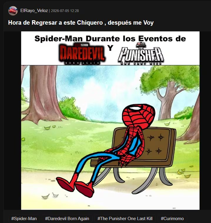 Un personaje con el traje de Spider-Man, dibujado al estilo de Mordecai, descansa en un banco de parque con un fondo de árboles, en una ilustración que alude a Daredevil y The Punisher. (Memedroid)