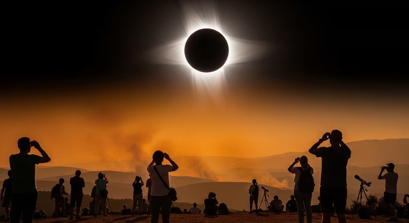 El eclipse solar total de 2022 congrega a múltiples observadores en España, quienes miran el fenómeno en un paisaje afectado por incendios forestales. (Imagen Ilustrativa Infobae)