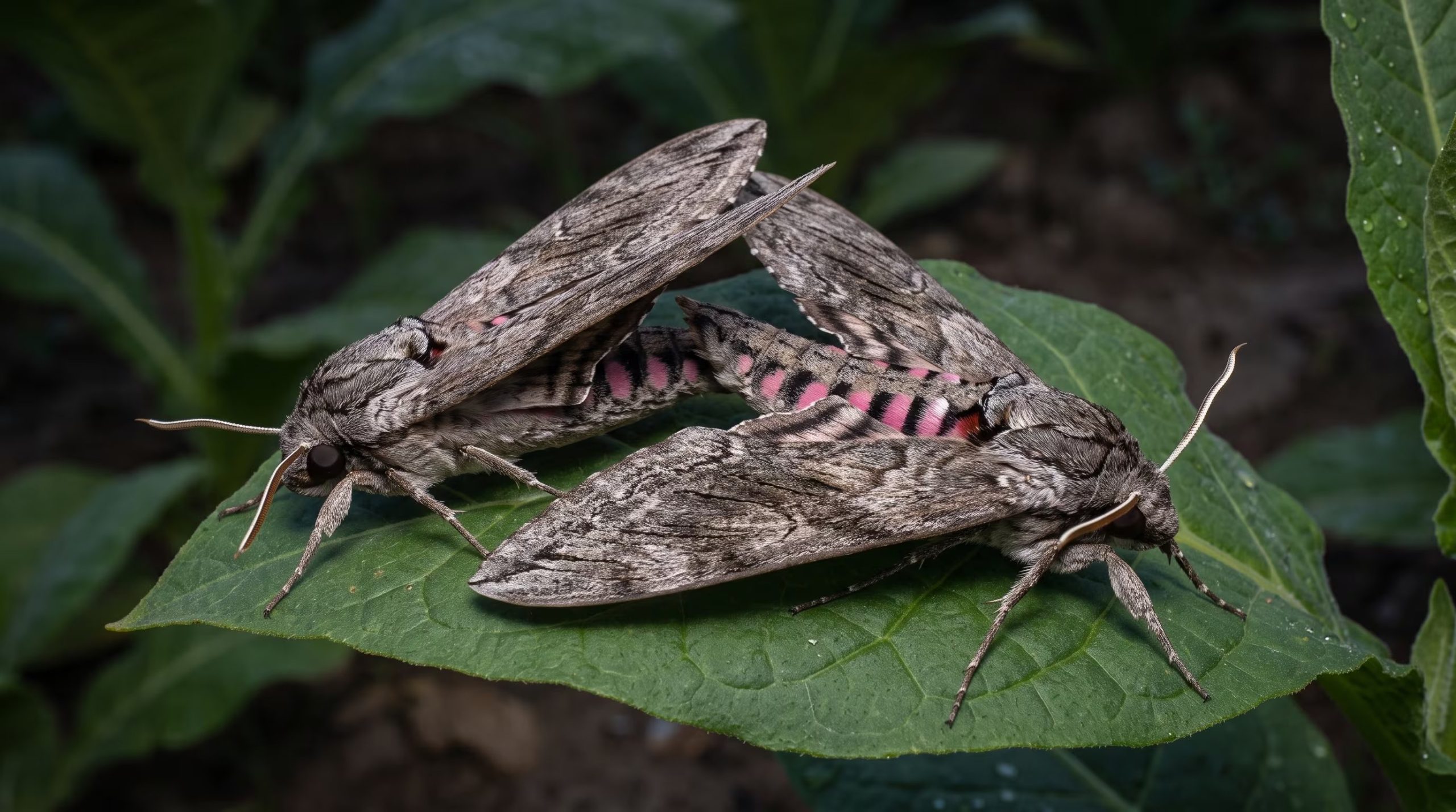 Dos ejemplares de la polilla esfinge del tabaco permanecen posados sobre una hoja verde durante su proceso de reproducción. (Imagen Ilustrativa Infobae)