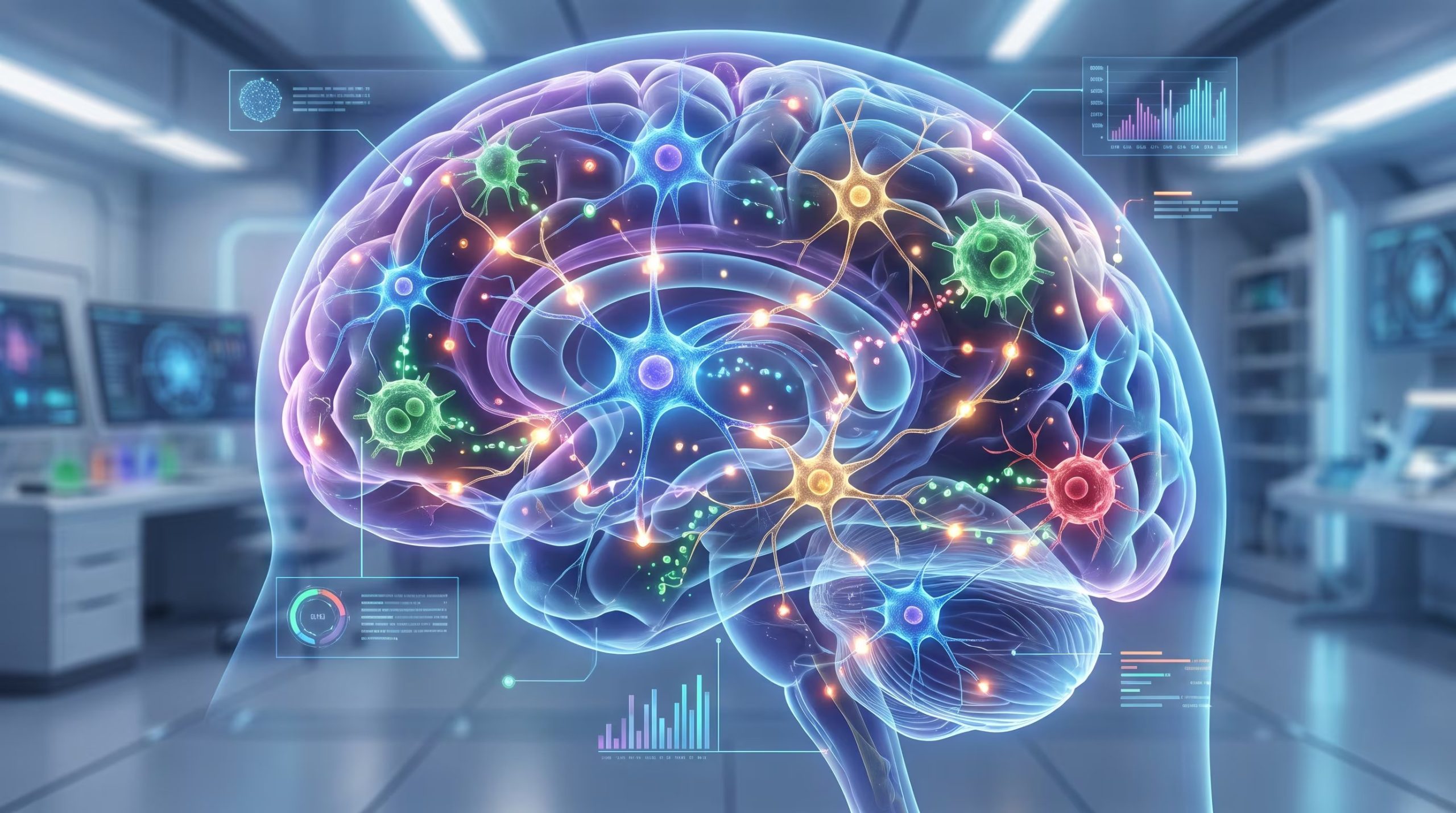 Un cerebro humano translúcido expone la compleja red de neuronas y células inmunes, señalando la interacción neuroinmune dentro de un entorno de investigación. (Imagen Ilustrativa Infobae)