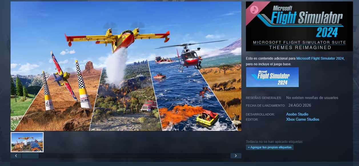 Microsoft Flight Simulator Suite: Themes Reimagined es un contenido descargable que figura como banda sonora digital y contenido adicional de Microsoft Flight Simulator 2024 (no incluye el juego base). (Steam)