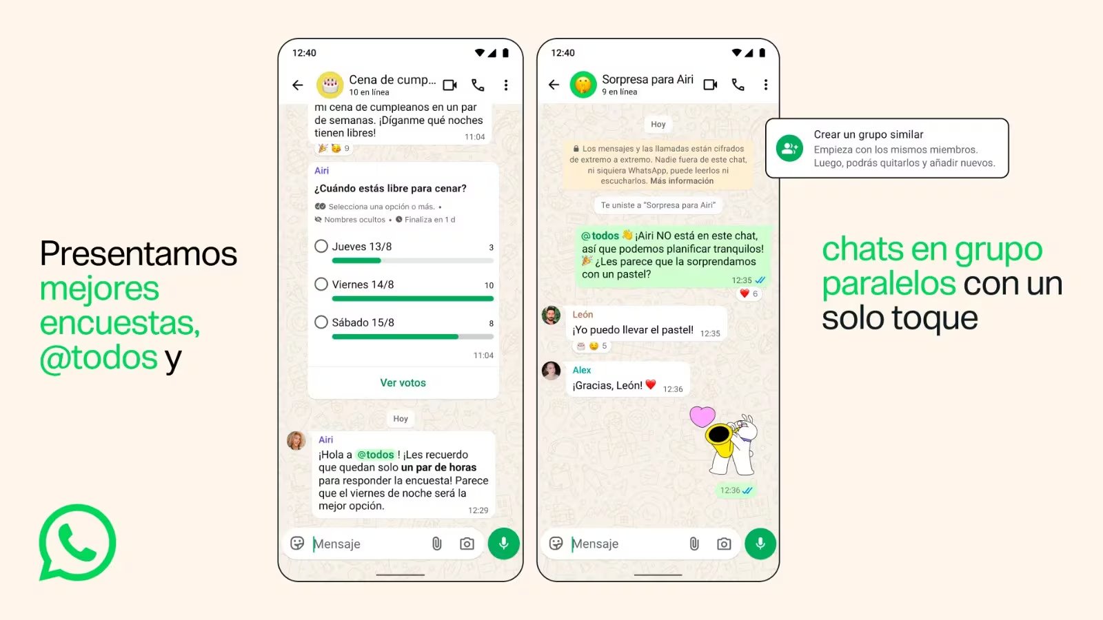 La opción “grupo similar” reutiliza la lista de participantes, permite sumar miembros y ahorra tiempo. (WhatsApp)