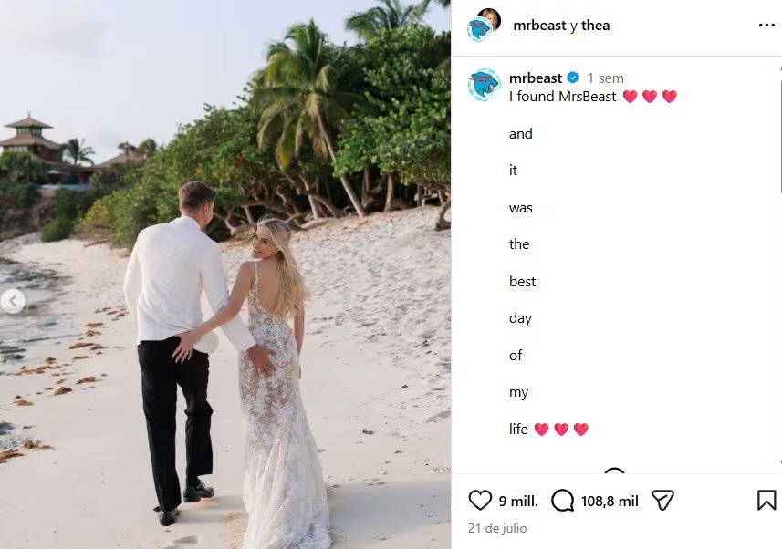 Tras la ceremonia, MrBeast presentó públicamente a Thea Booysen como “MrsBeast” en una publicación con fotografías del enlace. (Instagram/MrBeast)