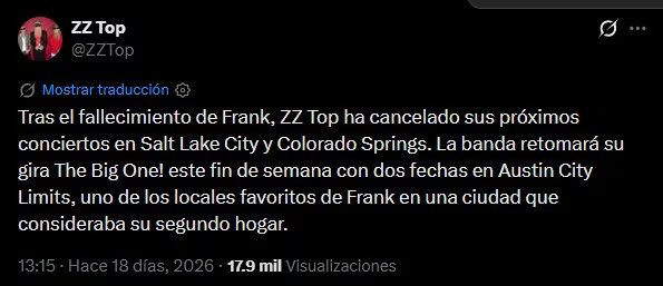 Tras la muerte de Frank Beard, la agrupación canceló dos conciertos.
