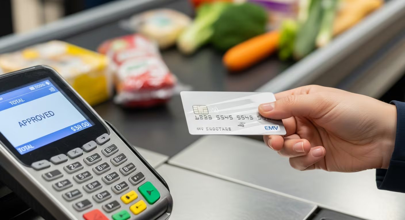 Una mano paga con una tarjeta de crédito en un supermercado, mientras la pantalla del terminal de punto de venta muestra la transacción aprobada por $39.00. (Imagen Ilustrativa Infobae)