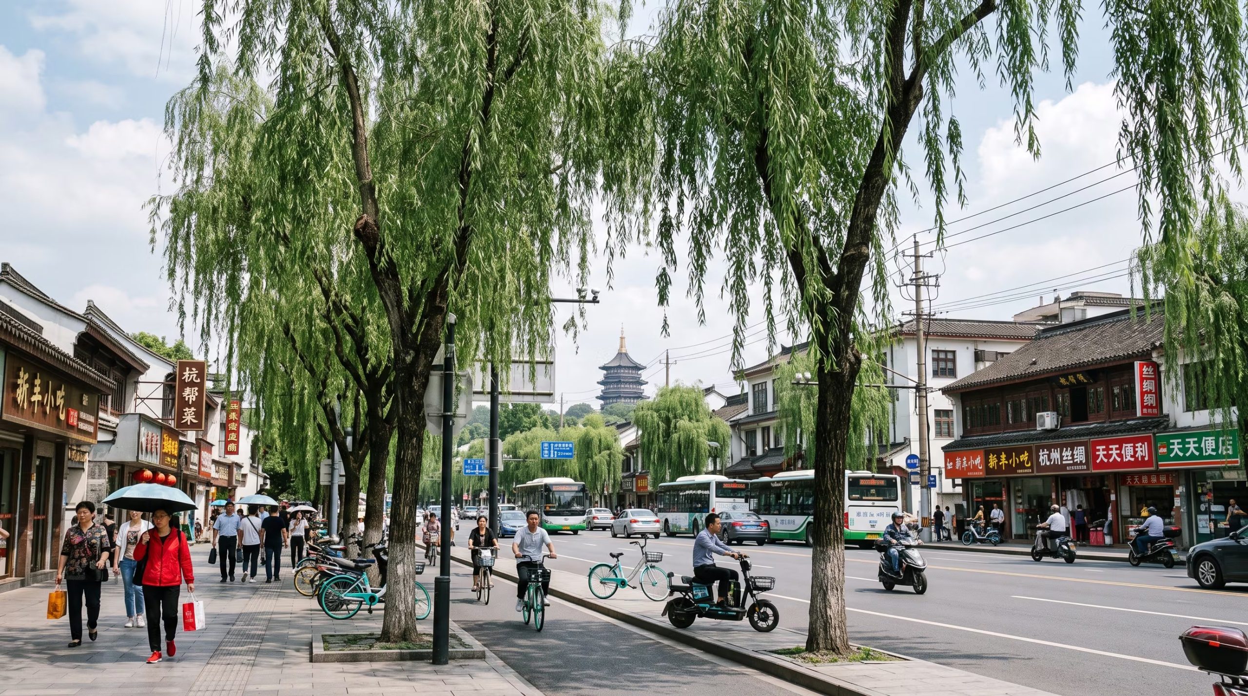 Varios ejemplares de Salix bordean una calle con tránsito vehicular, transeúntes y ciclistas en una ciudad de China. (Imagen Ilustrativa Infobae)