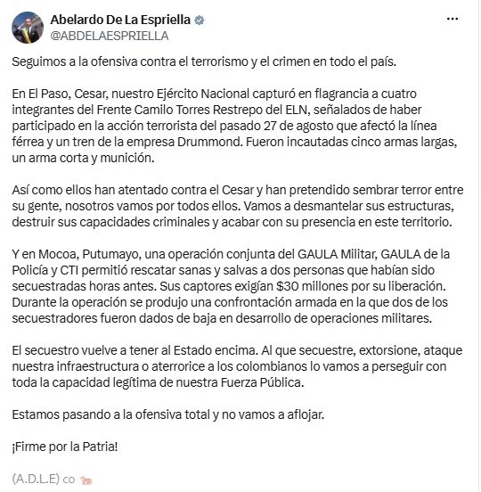 El presidente Abelardo de la Espriella aseguró que el Gobierno mantiene la presión contra las organizaciones criminales - crédito @ABDELAESPRIELLA/X