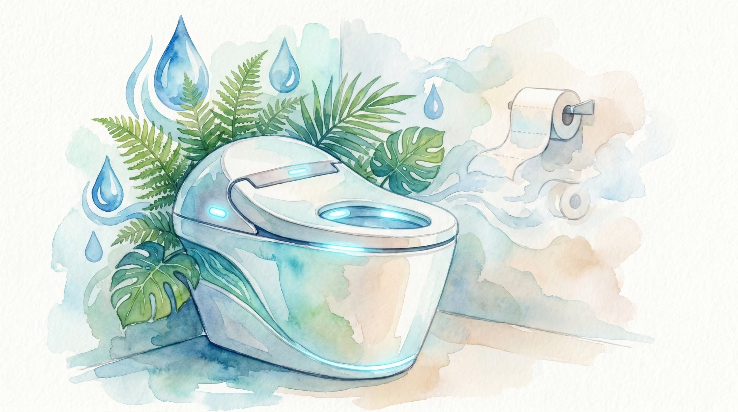 Esta ilustración acuarela presenta un inodoro inteligente futurista rodeado de exuberantes hojas verdes y gotas de agua, simbolizando innovación y un enfoque ecológico, mientras los rollos de papel higiénico tradicionales se desvanecen. (Imagen Ilustrativa Infobae)