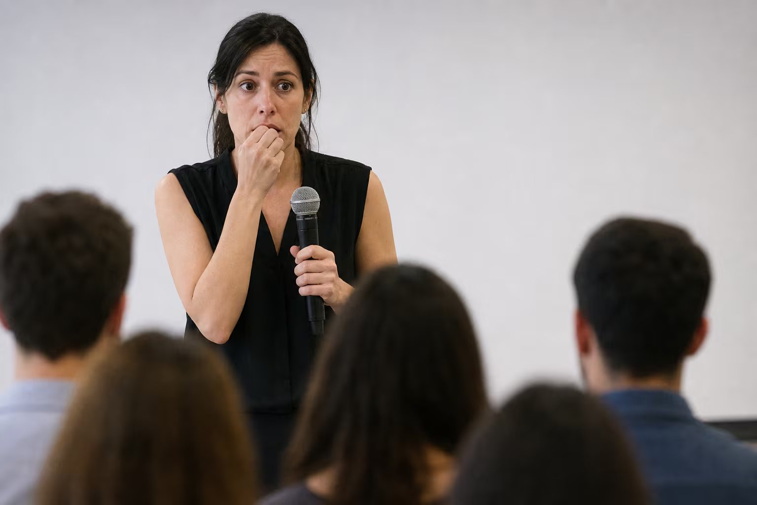 Una disertante sostiene un micrófono mientras se lleva la mano al rostro ante la mirada de los asistentes a una exposición pública. (Imagen Ilustrativa Infobae)