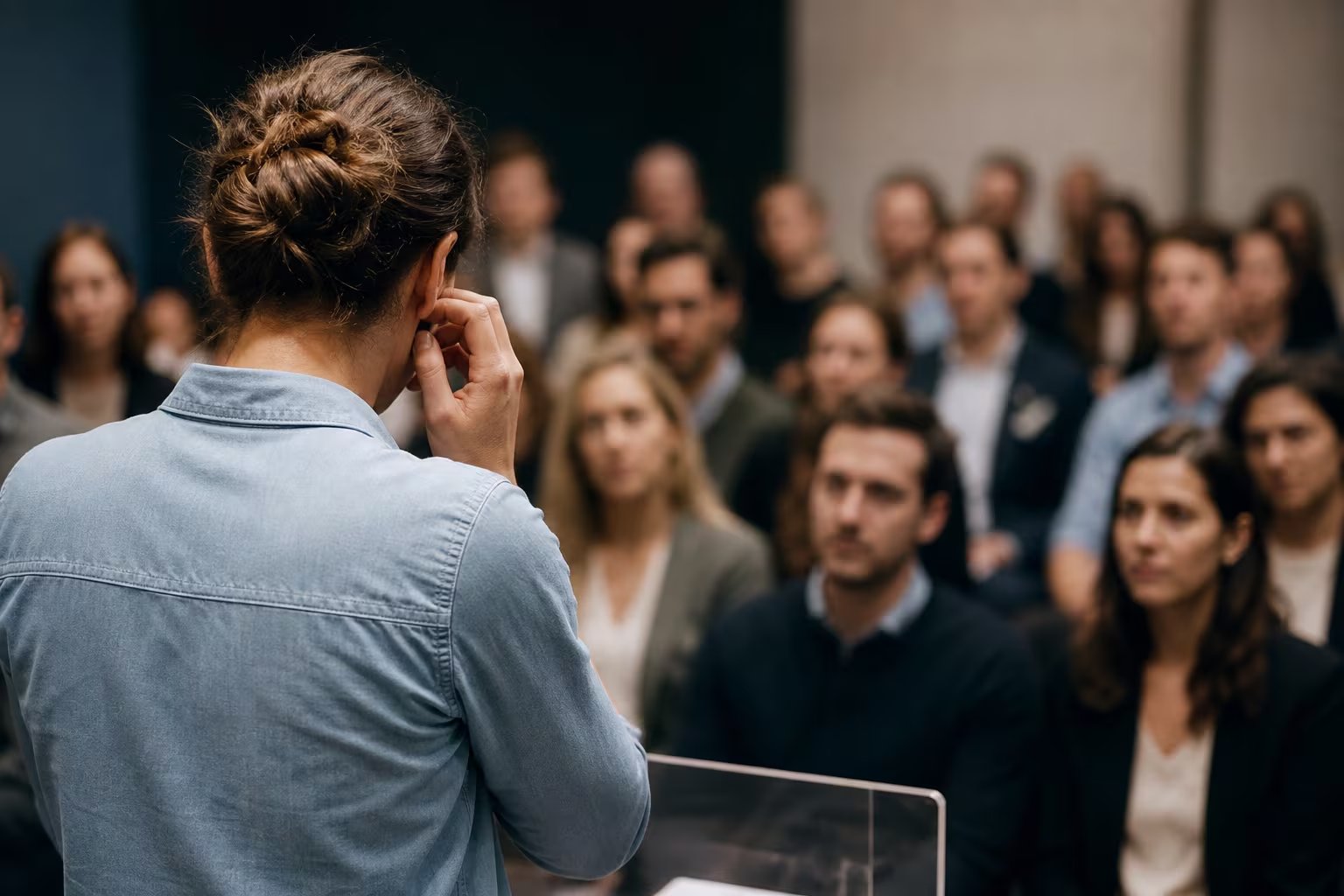 Una mujer expone frente a un auditorio desde un atril como ilustración del manejo de la ansiedad y el pánico escénico en situaciones de exposición pública. (Imagen Ilustrativa Infobae)