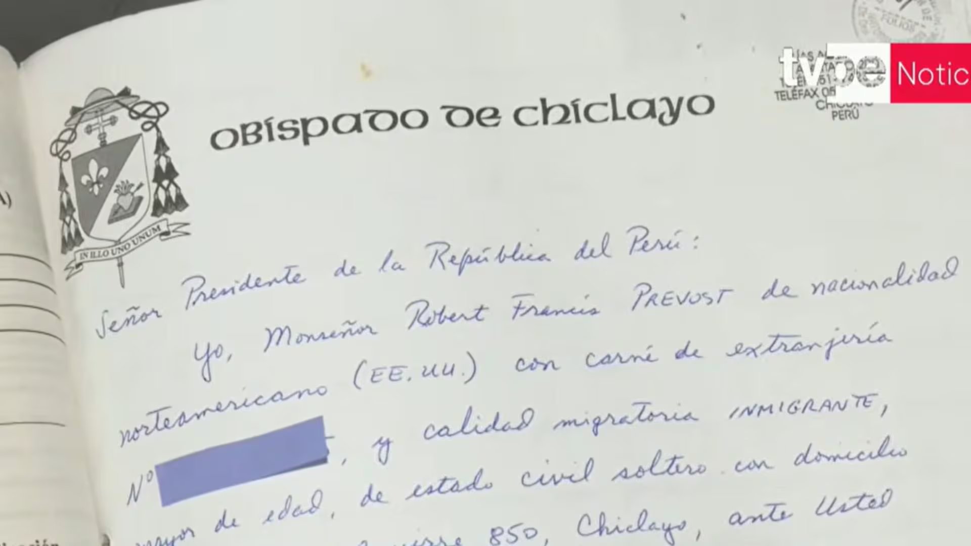 Revelan documento con el que el papa León XIV solicitó la nacionalidad peruana en 2015. (Captura: Tv Perú Noticias)