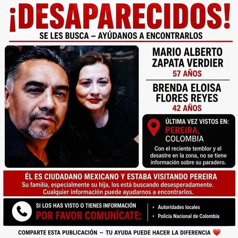 La pareja de mexicanos Mario Alberto Zapata Verdier (57 años), y Brenda Eloisa Flores Reyes (42 años) se hospedaba en el hotel Dibeni, en Pereira - crédito red social X