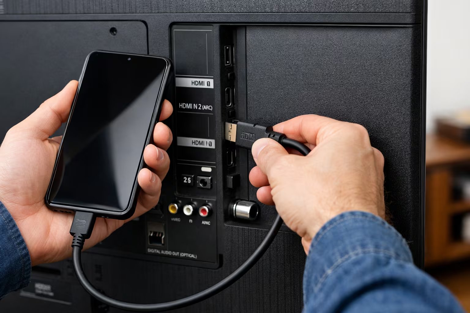 Para conectar el celular al televisor por HDMI hay que unir el adaptador al móvil, conectar el cable HDMI a la TV y seleccionar la entrada correspondiente. (Imagen Ilustrativa Infobae)