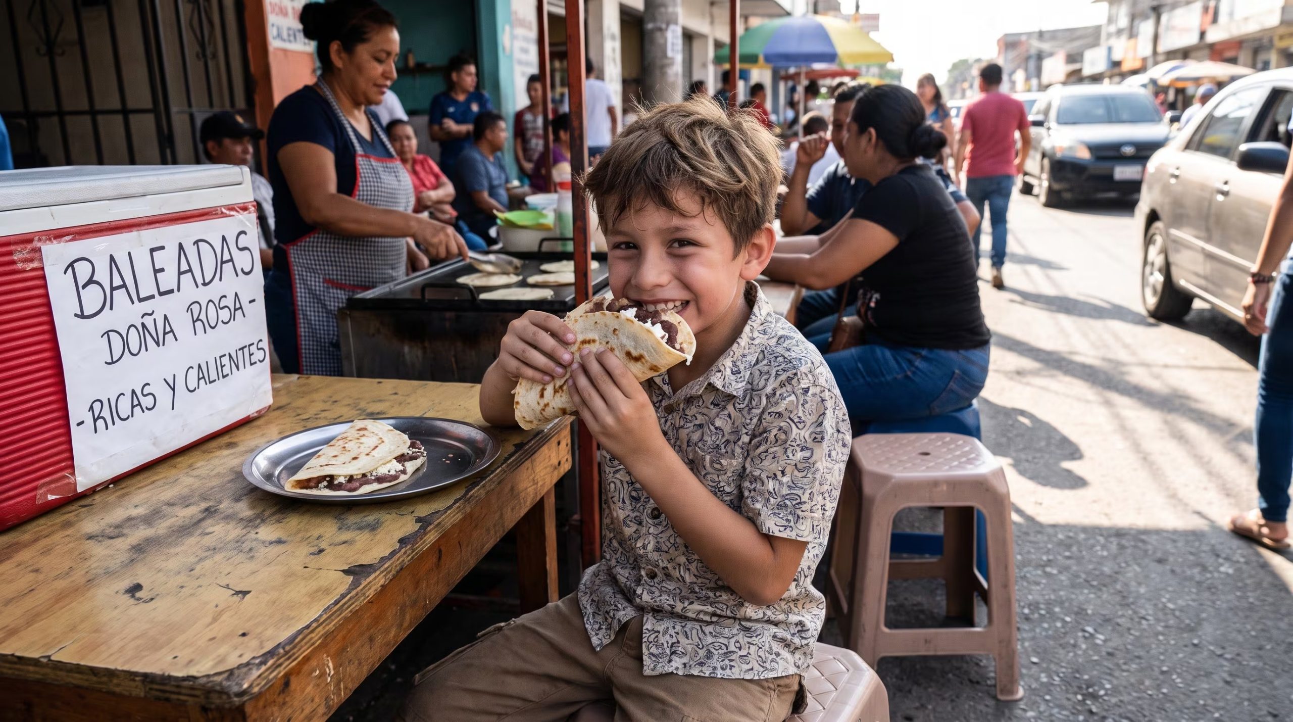 Un niño consume una baleada en un puesto callejero de comida mientras una mujer elabora tortillas en Honduras. (Imagen Ilustrativa Infobae)