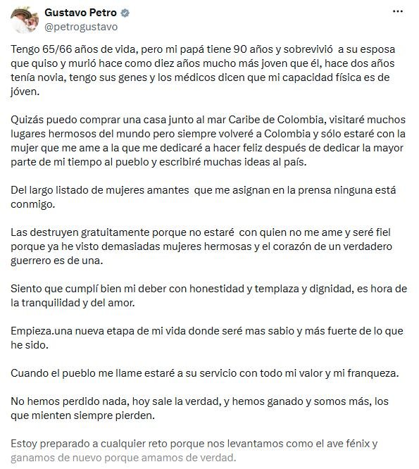 El expresidente de Colombia delineó su vida después del poder con promesas de viajes, una nueva relación basada en libertad e igualdad - crédito @PetroGustavo/X