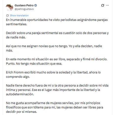Petro confirmó que se encuentra soltero y que, efectivamente, está divorciado de Verónica Alcocer - crédito @petrogustavo/X