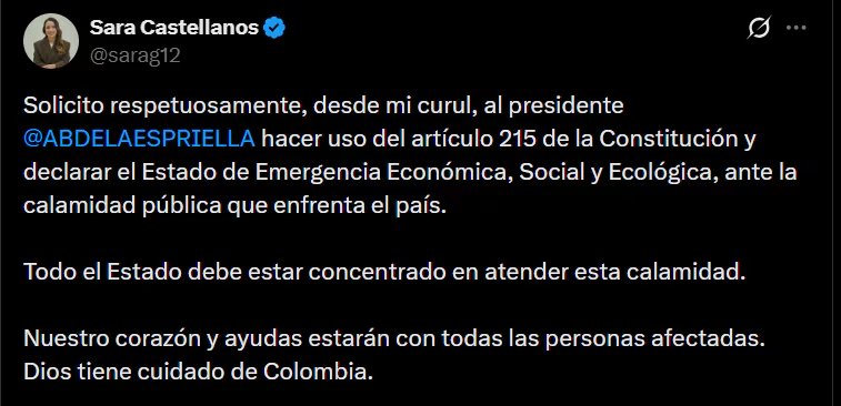 Sara Castellanos pidió invocar el artículo 215 de la Constitución para decretar el Estado de Emergencia Económica, Social y Ecológica - crédito @sarag12/X