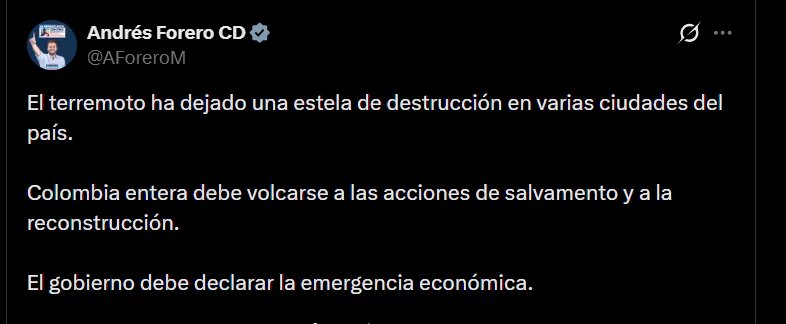 Andrés Forero reclamó la declaratoria de emergencia económica por la destrucción reportada en varias ciudades. - crédito @AForeroM/X