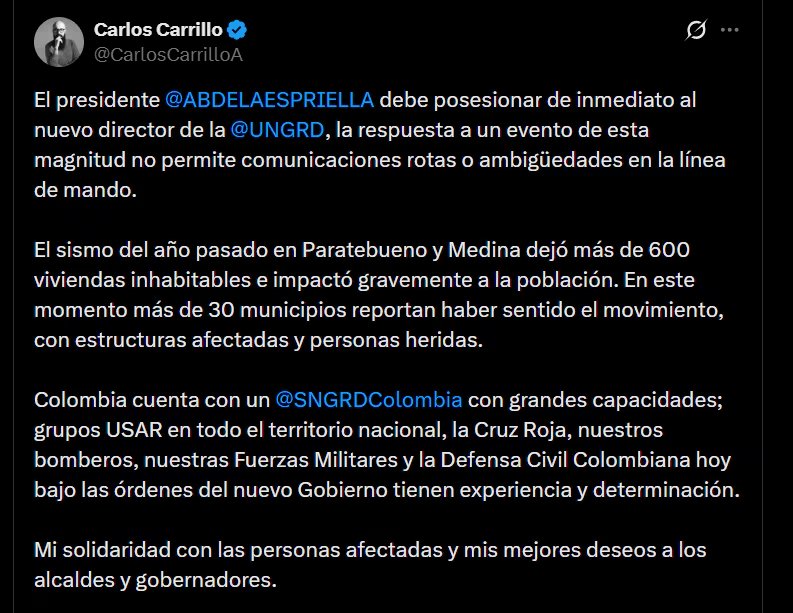 Carlos Carrillo centró su advertencia en la capacidad de reacción del Estado y en la necesidad de ordenar la cadena de mando - crédito @CarlosCarrilloA/X