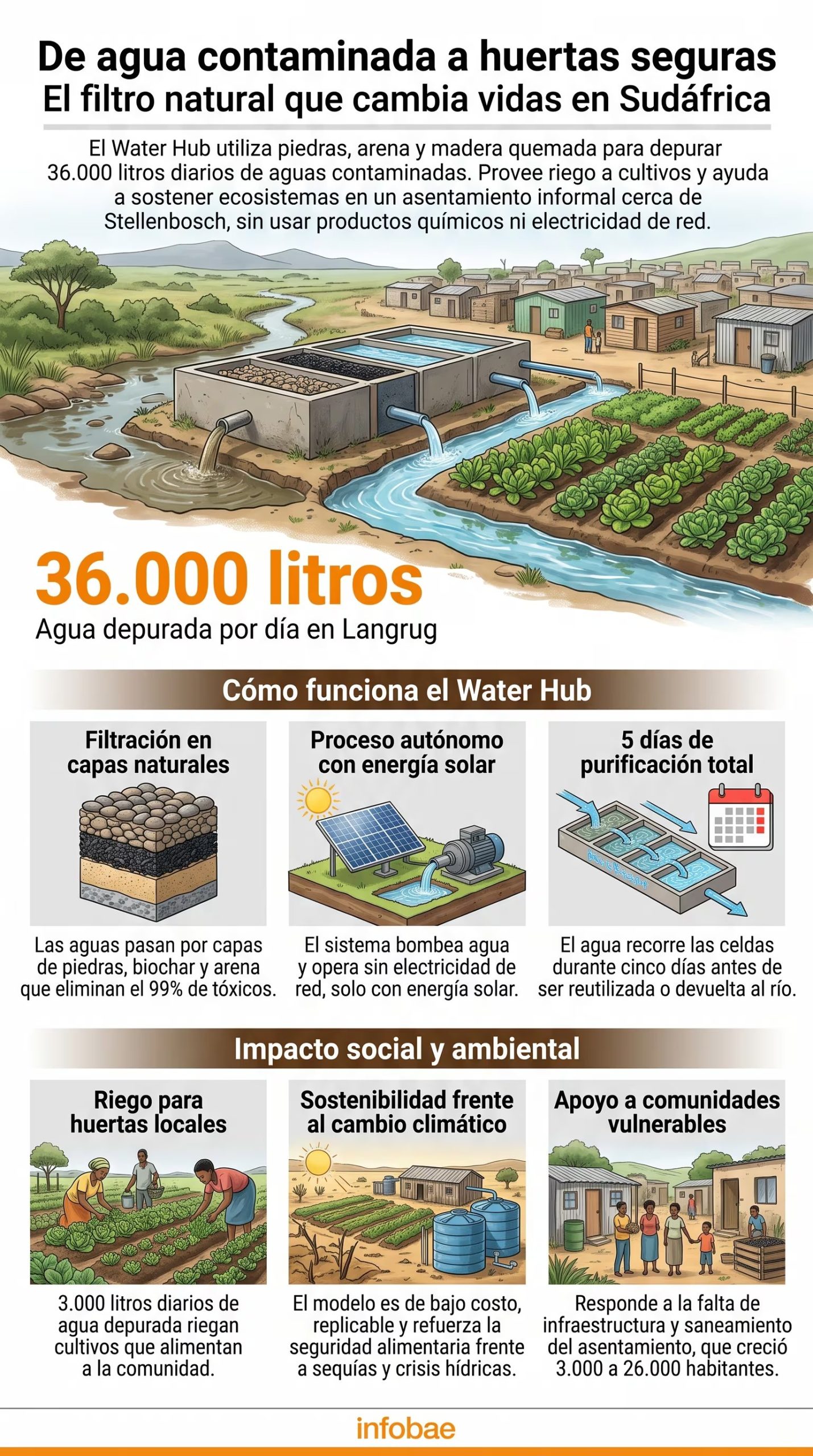 El proyecto Water Hub en Langrug, Sudáfrica, utiliza energía solar y filtros naturales para depurar 36.000 litros diarios de agua destinados al riego de huertas comunitarias (Imagen Ilustrativa Infobae)