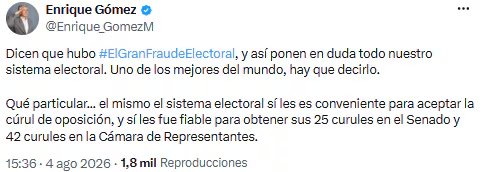 Enrique Gómez defendió el sistema electoral y cuestionó denuncias de fraude - crédito @Enrique_GomezM/X
