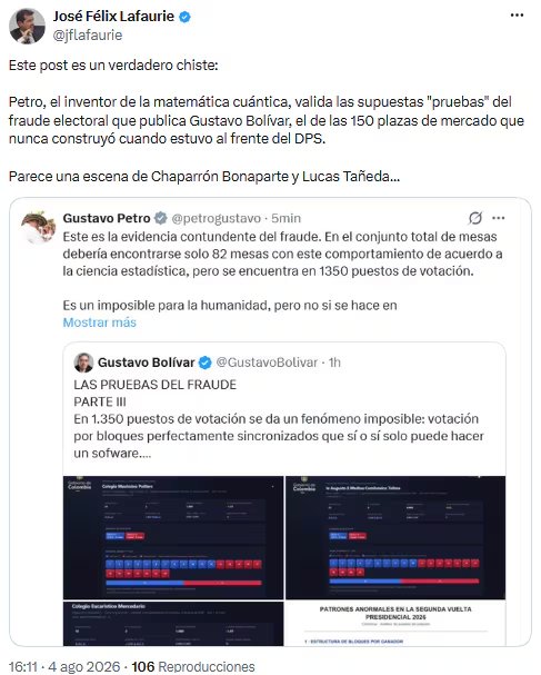 José Félix Lafaurie calificó de “chiste” las acusaciones de presunto fraude electoral - crédito @jflafaurie/X