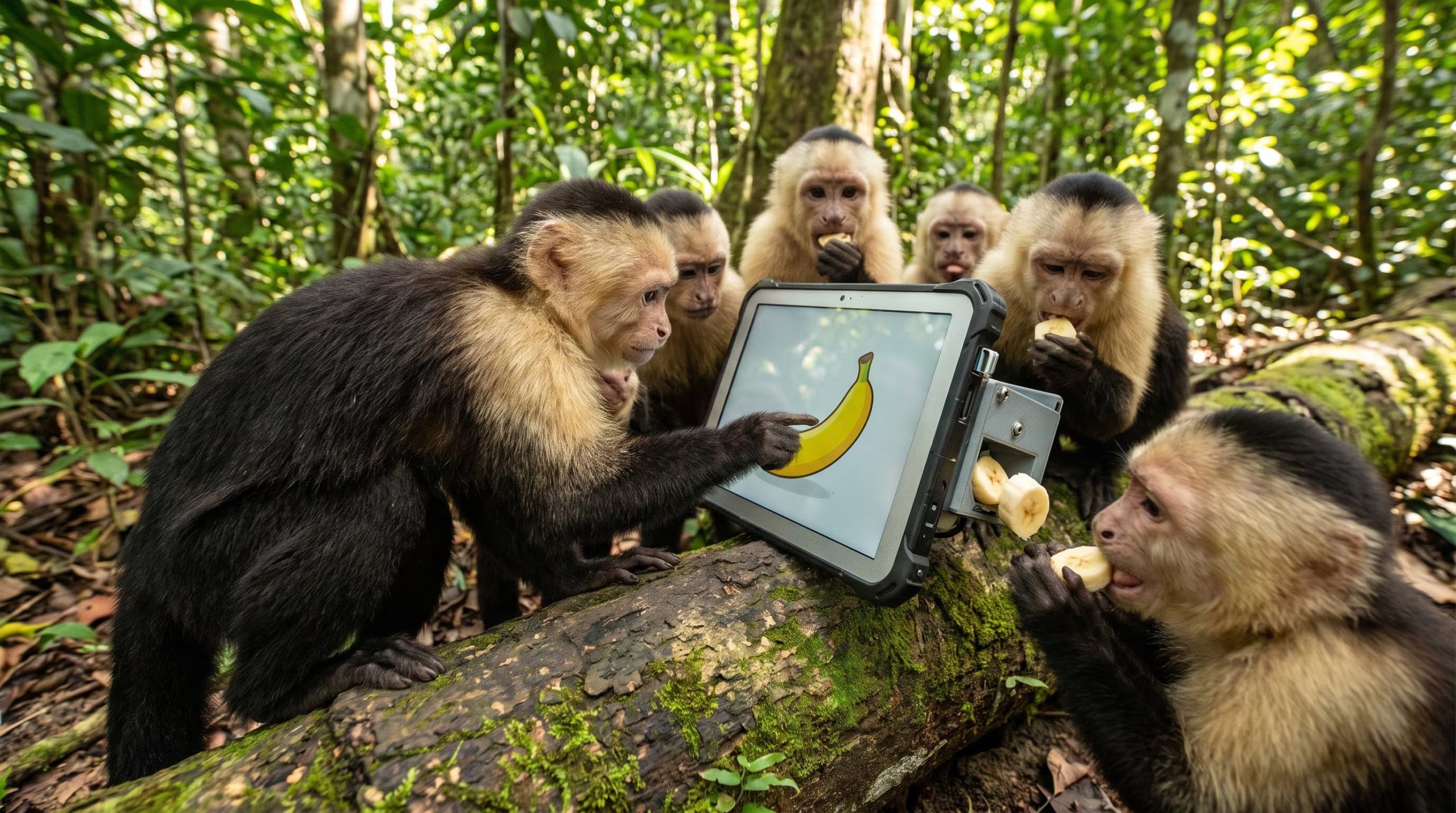 Los 16 monos capuchinos de la fase piloto aprendieron a usar la pantalla táctil para obtener comida en su hábitat natural. (Imagen Ilustrativa Infobae)