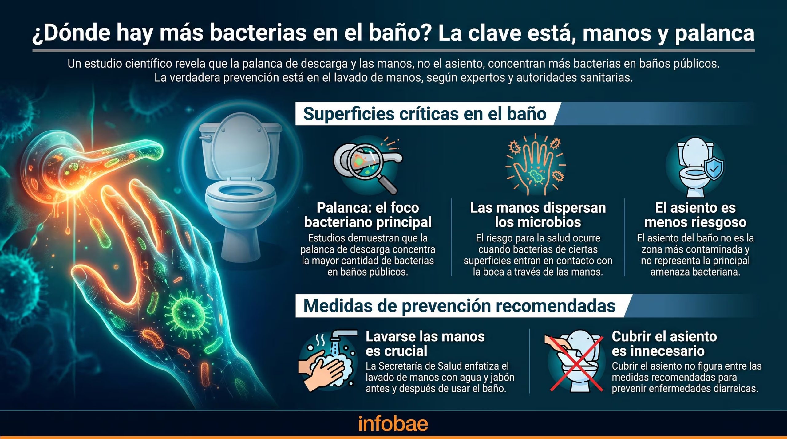 La infografía muestra los hallazgos de un estudio sobre las superficies con más bacterias en baños públicos y las medidas de prevención recomendadas por autoridades sanitarias. (Imagen Ilustrativa Infobae)