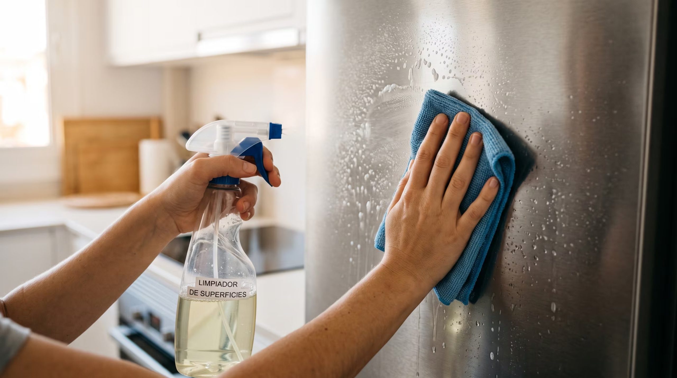 Una persona aplica un producto desinfectante con un paño sobre la superficie de un refrigerador en una cocina. (Imagen Ilustrativa Infobae)