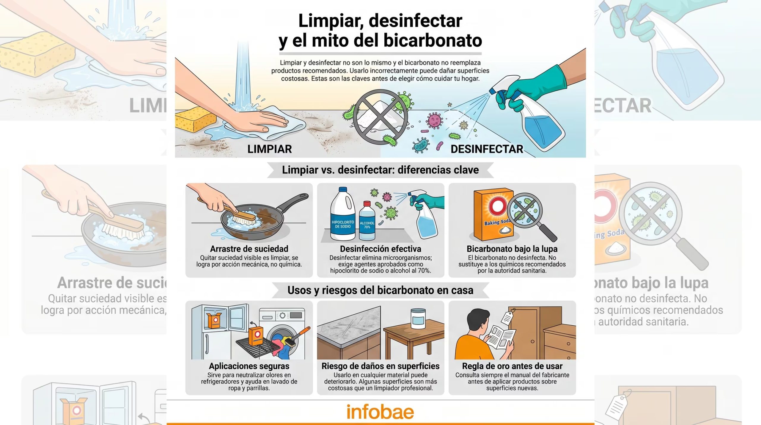 Esta infografía detalla las diferencias clave entre limpiar y desinfectar, desmintiendo el uso del bicarbonato como desinfectante y destacando sus aplicaciones seguras y riesgos en el hogar. (Imagen Ilustrativa Infobae)