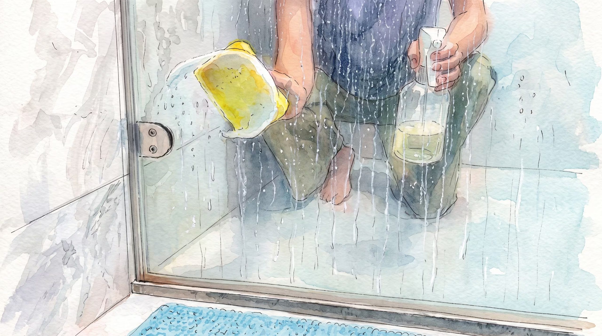 Una persona limpia la mampara de vidrio de una ducha con una esponja y un frasco pulverizador. (Imagen Ilustrativa Infobae)
